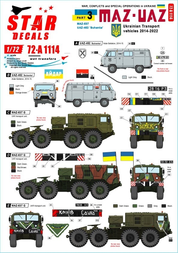 Star Decals 1/72 WAR IN UKRAINE Part 3 Ukrainian Transport Vehicles 2014-2022