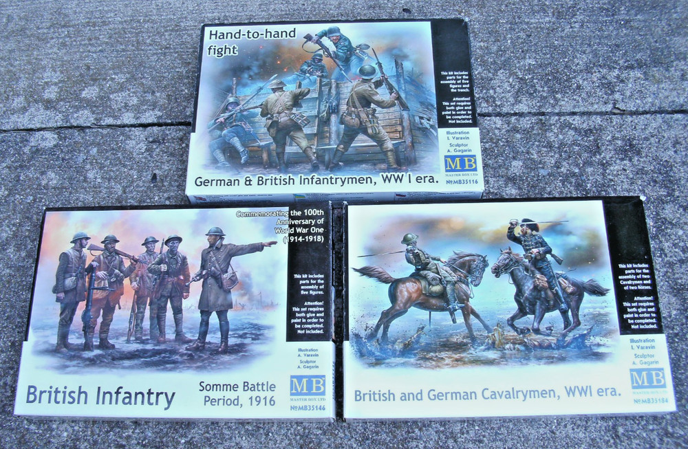3 Master Box 1/35 scale WWI kits sealed bags in open boxes, Trench diorama