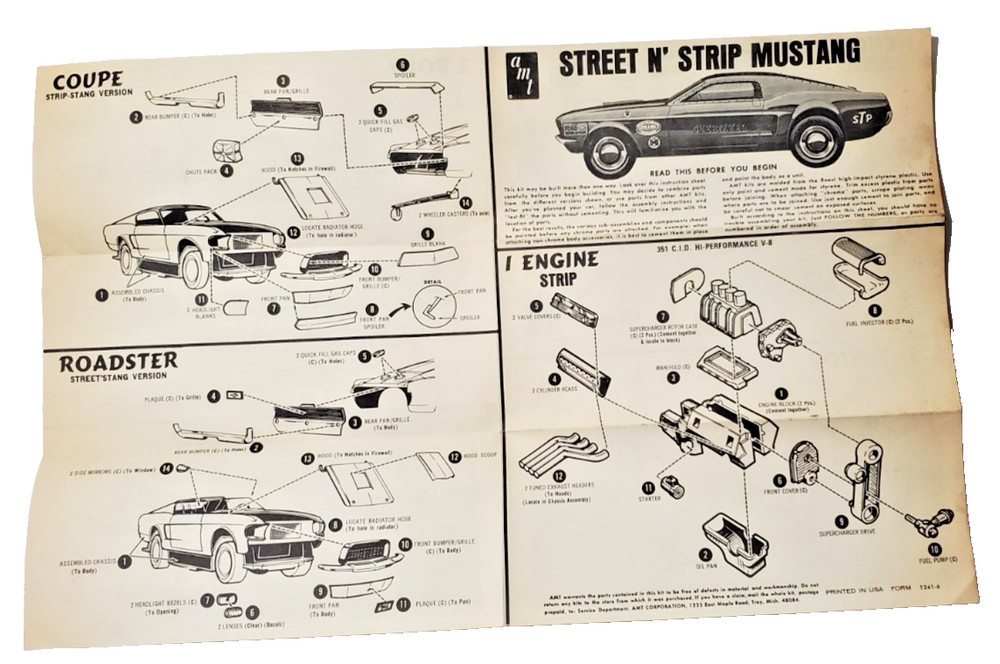 AMT Street N’ Strip Mustang Model Car Kit Instruction Sheet only!!