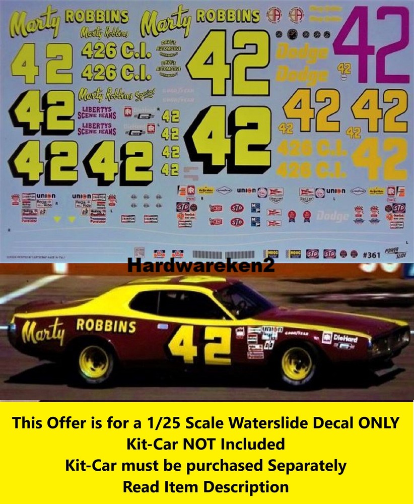 NASCAR DECAL #42 MARTY ROBBINS 1971-1977 DODGE CHARGER MARTY ROBBINS 1/25