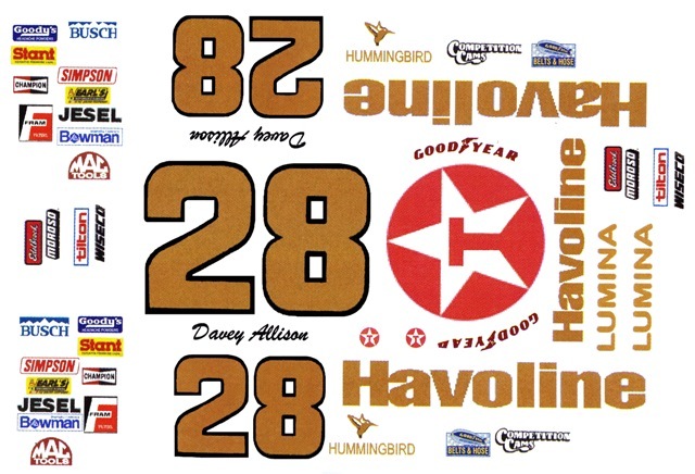 #28 DAVEY ALLISON HAVOLINE Chevrolet Lumina 1/24th Scale Waterslide Nascar Decal