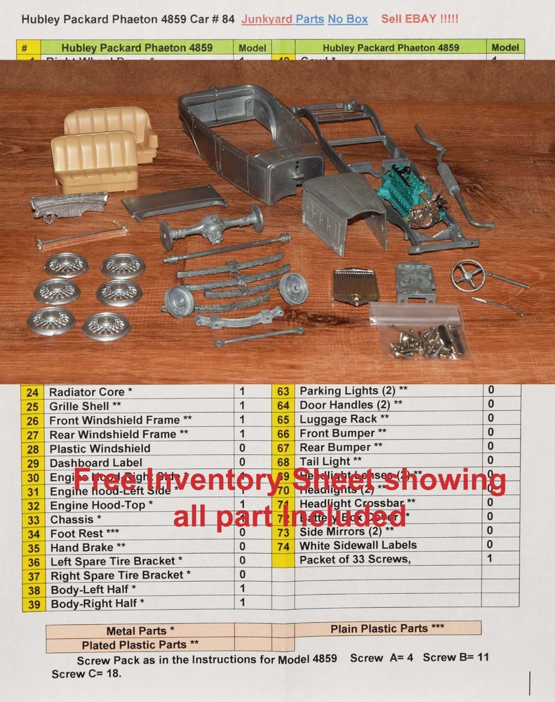 Hubley 1930 Packard Sport Phaeton Model Kit, Missing Parts, Invatory Included