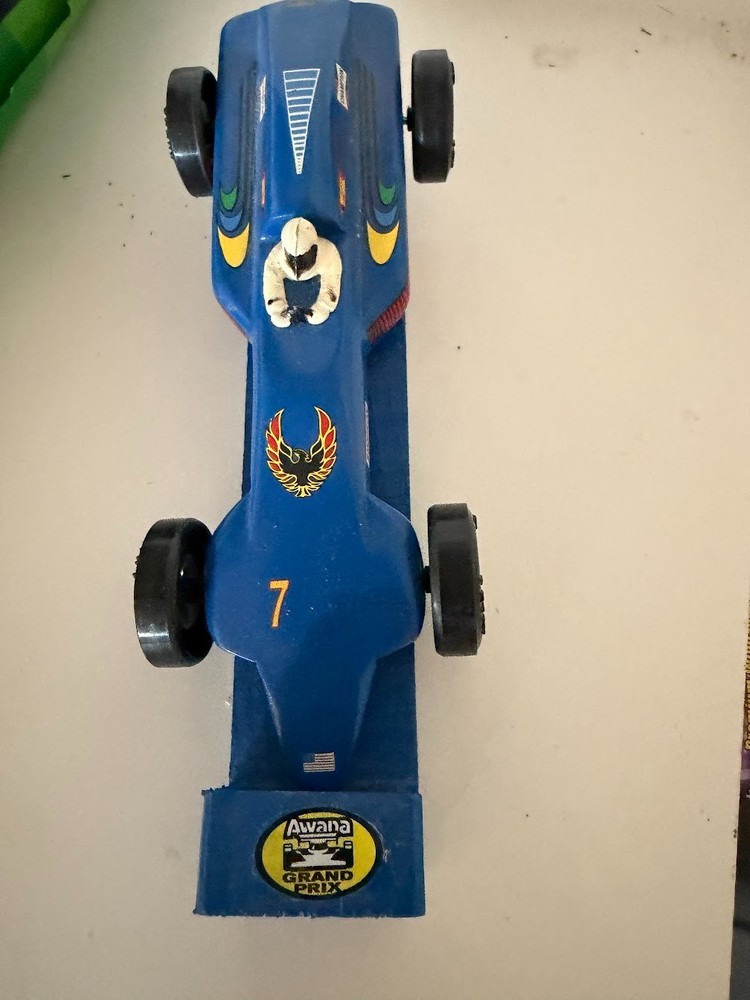 Awana Grand Prix Speed winner. Pinewood Derby Car with Display Stand
