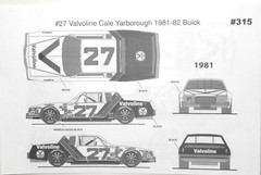NASCAR DECAL #27 VALVOLINE 1981 or 1982 BUICK REGAL CALE YARBROUGH 1/24