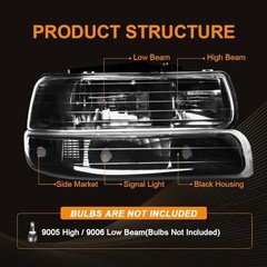 Headlight Assembly, Compatible with 1999 Black Housing Amber Reflector(w/o LED)