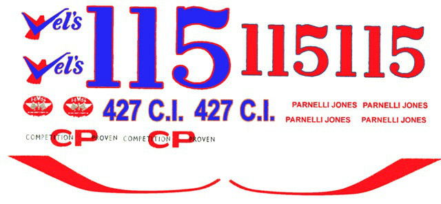 #115 or #15 Parnelli Jones Vels 1967 White Fairlane 1/24th – 1/25th Scale Decals