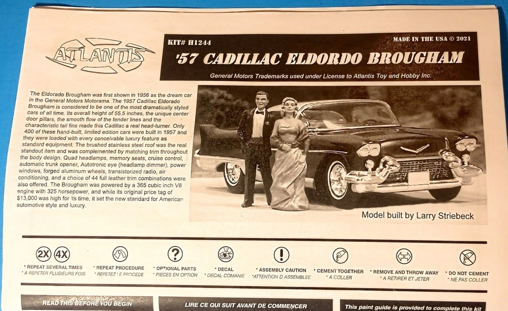 57 CADILLAC ELDO BROUGHAM – INSTRUCTIONS – ATLANTIS – MODEL CAR KIT PARTS LOT
