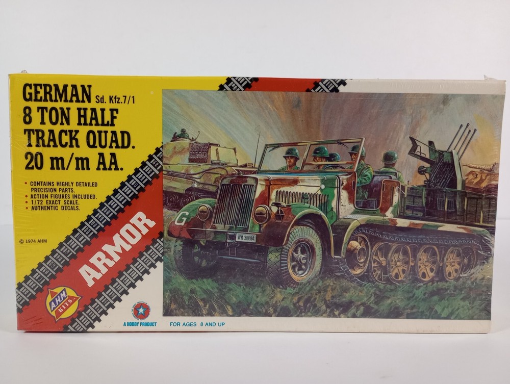 German 8 Ton Half Track Quad. 20 m/m AA AHM 1:72 Model Kit 552 Sealed Box 1974