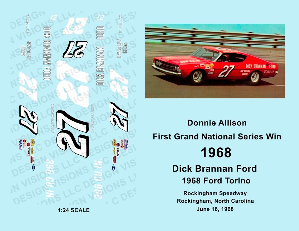 1968 #27 – 1:24 Waterslide Decals – Donnie Allison – First Cup Series Win