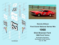 1968 #27 – 1:24 Waterslide Decals – Donnie Allison – First Cup Series Win