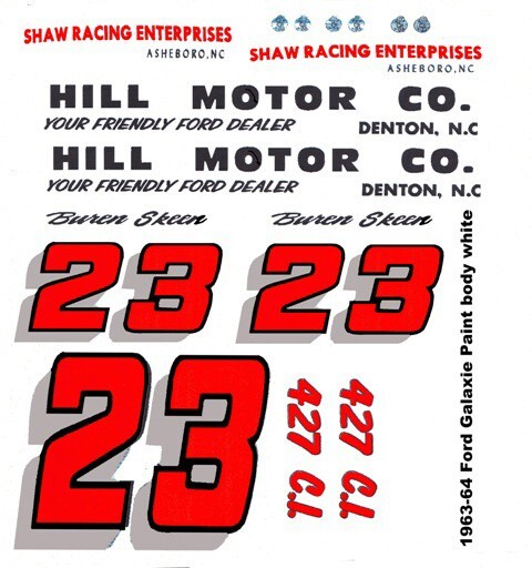 #23 Buren Skeen Hill Motor Company 1964 Ford 1/24th Scale Waterslide Decals