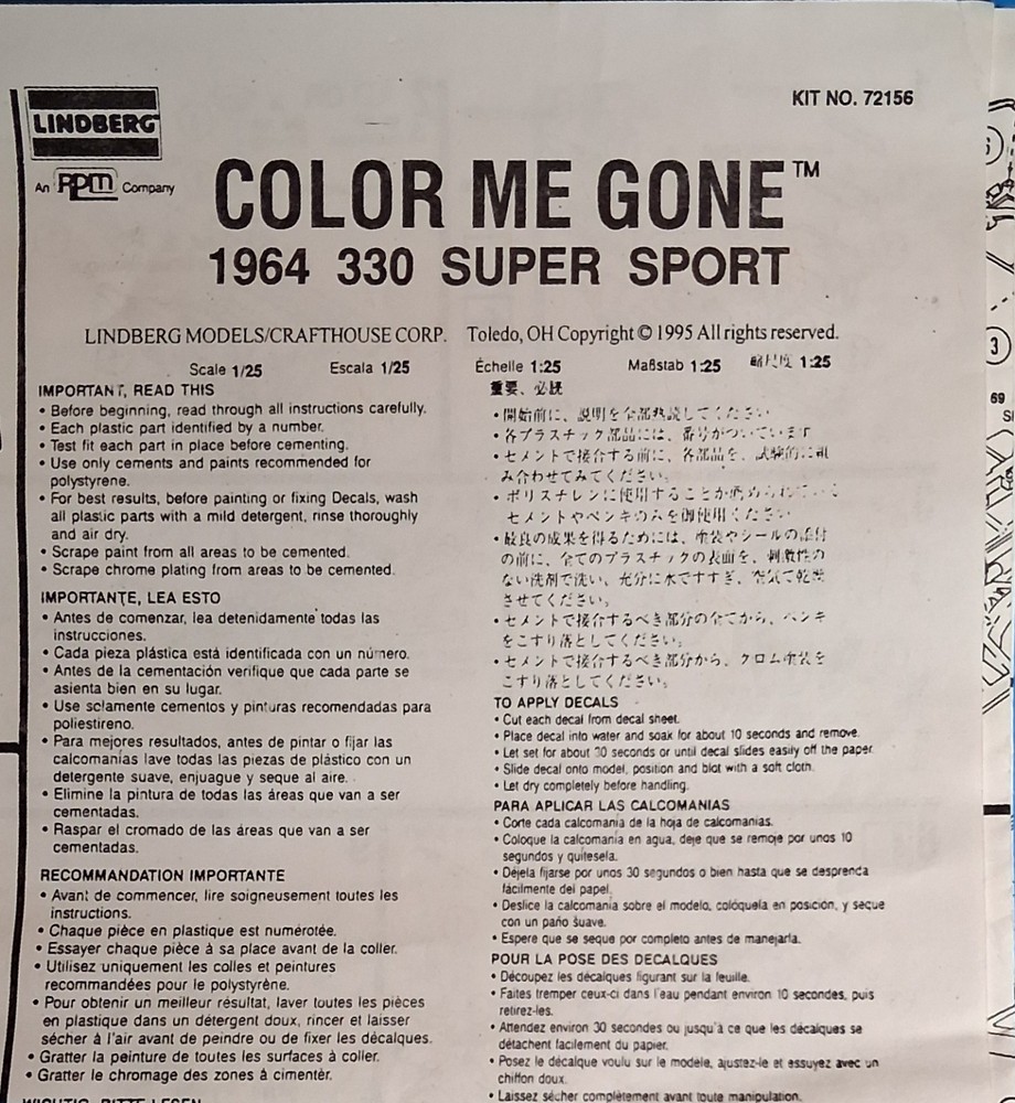 64 DODGE 330 COLOR ME GONE – INSTRUCTIONS – LINDBERG – MODEL CAR KIT PARTS LOT