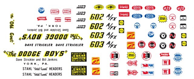 Dave Strickler “The Dodge Boys” NHRA Drag 1/24th -1/25th Scale Waterslide Decals