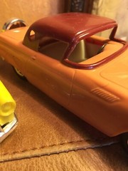 2 Simms 57 T Bird Plastic Vintage Cars Yellow Brown Wheels Roll Aurora Illinois