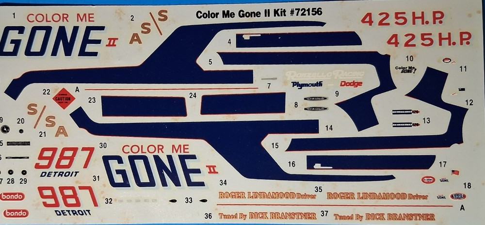 64 DODGE 330 COLOR ME GONE – DECALS – LINDBERG 72156 – MODEL CAR KIT PARTS LOT