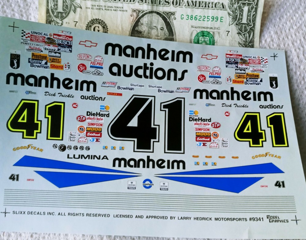SLIXX 1/24 Scale Water Slide Decals NASCAR #41 Manheim Auctions Dick Trickle WOW