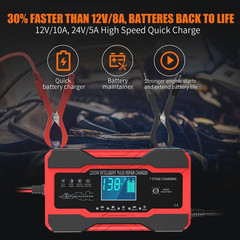 10-Amp 12V 24V Smart Car Battery Charger with LCD Desulfator Temperature Compens