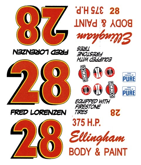 #28 FRED LORENZEN Ellingham Body & Paint 1957- 58 Ford 1/32nd Scale Decals Slot