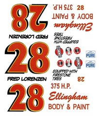 #28 FRED LORENZEN Ellingham Body & Paint 1957- 58 Ford 1/32nd Scale Decals Slot