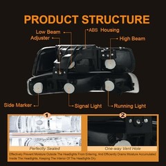 Headlight Assembly, Compatible with 1999 Black Housing Amber Reflector(w/o LED)