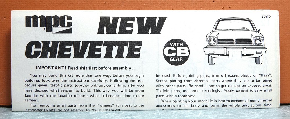 1/25 MPC NEW CHEVETTE # 7702 (INSTRUCTIONS ONLY)