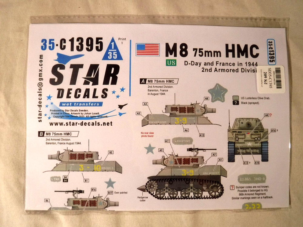1/35 Star Decals US Army M8 75mm HMC D-Day & France 1944 2nd ArmorDiv #35-C 1395