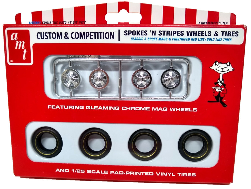 AMT PP03 1/25 Custom Competition 5 Spoke Mag Wheels Striped Tires Gold Red Line