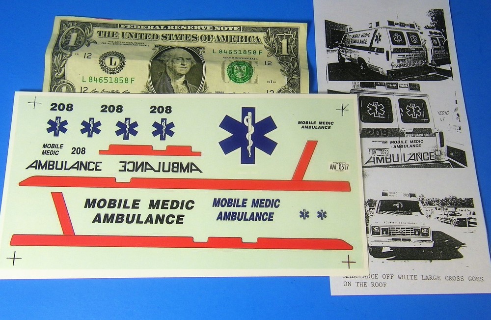 CUSTOM VINTAGE CLEAR WATERSLIDE DECALS 1:24 AMBULANCE MOBILE MEDIC REPRODUCTION
