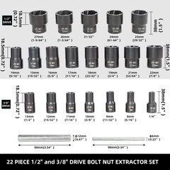 22 Piece Bolt Nut Extractor Set, 1/2″ and 3/8″ Drive Impact Lug Nut Remover Sock
