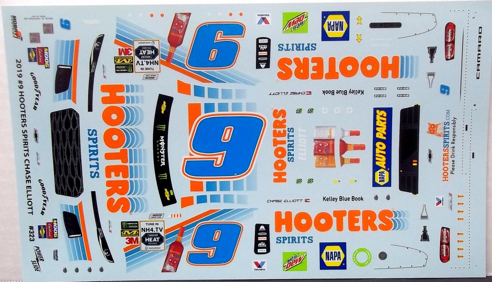 POWERSLIDE # 9 HOOTERS SPIRITS 2019 CAMARO C. ELLIOTT BRISTOL DECAL 1/24