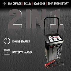 Wheeled Manual 10A Car Battery Charger and 200A Engine Starter, 2-In-1 Solution,