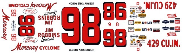 #98 Leeroy Yarbrough 1969 Mercury 1/18th Scale Waterslide Decals