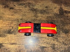 Vintage BSA 1970-80s Derby Pinewood Derby Wood 7” Model Red/Yellow Race Car 5 oz