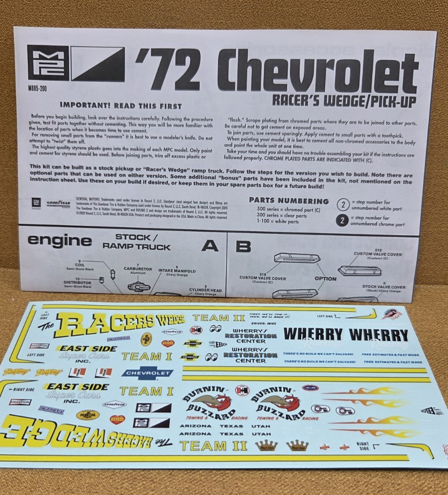 1972 Chevy Ramp Truck DECALS & INSTRUCTIONS 1:25 Scale MPC NEW Model PARTS