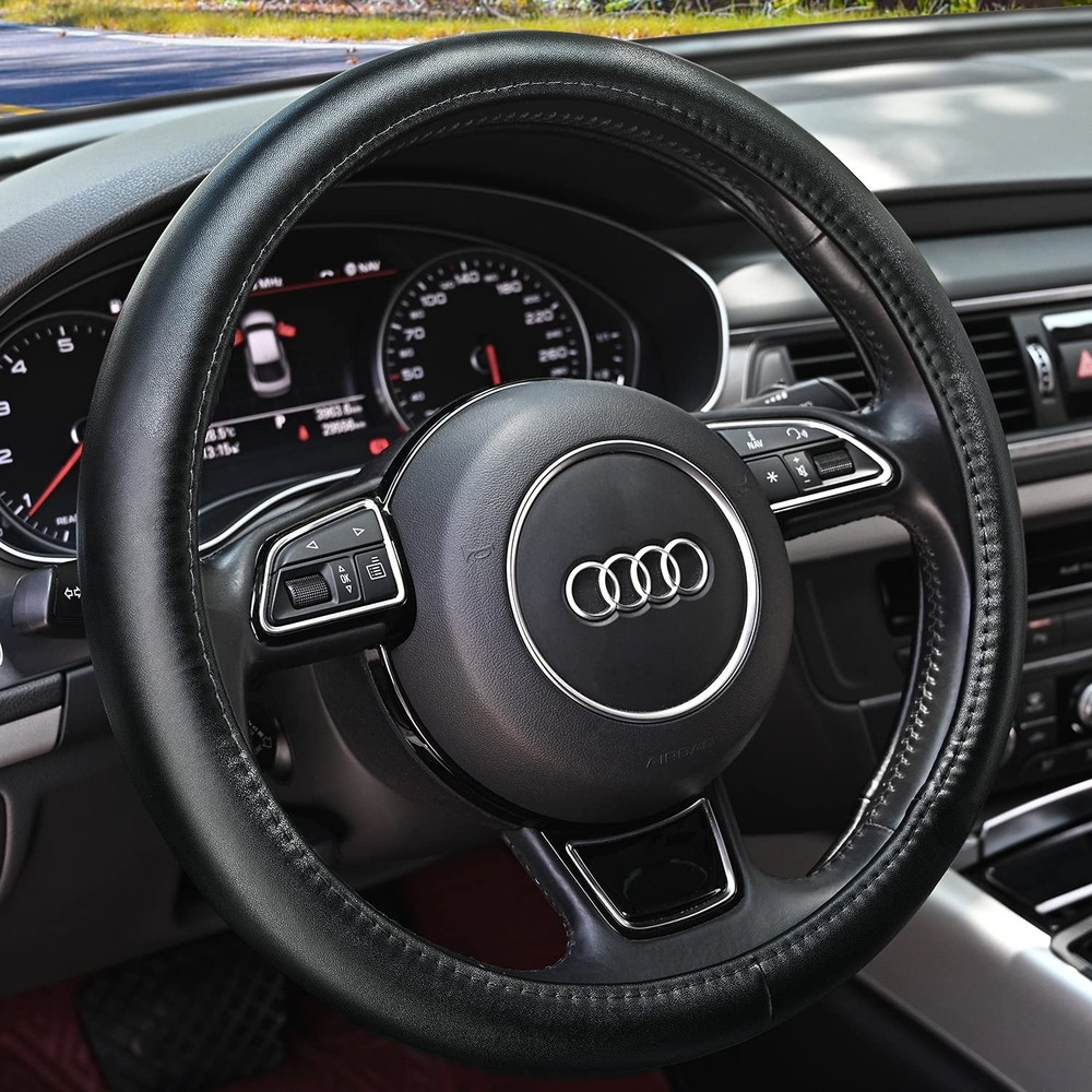 Haokay Heavy Duty Pure Cowhide Steering Wheel Cover Black Genuine Leather