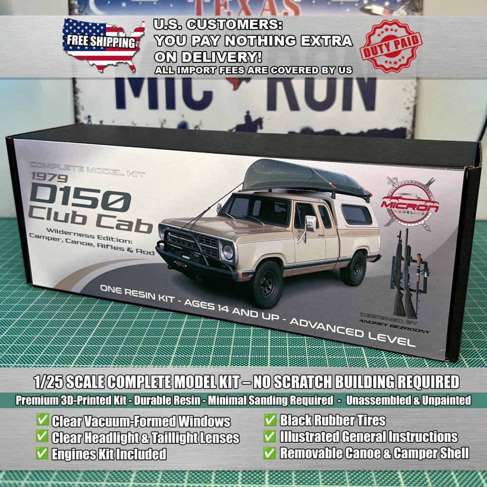 1/25 1979 Dodge D150 Club Cab Camper Truck Model Kit w/ Engine, Clears & Canoe