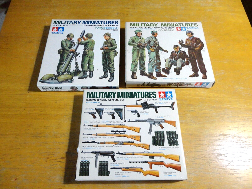 Three MINIATURES Figure Kits: MORTOR & GUN CREW, INFANTRY WEAPONS, TANK CREW