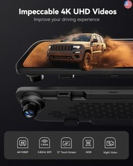 WOLFBOX G840S 12″ 4K Mirror Dash Cam Backup Camera, 5.8GHz WiFi Smart Rearview