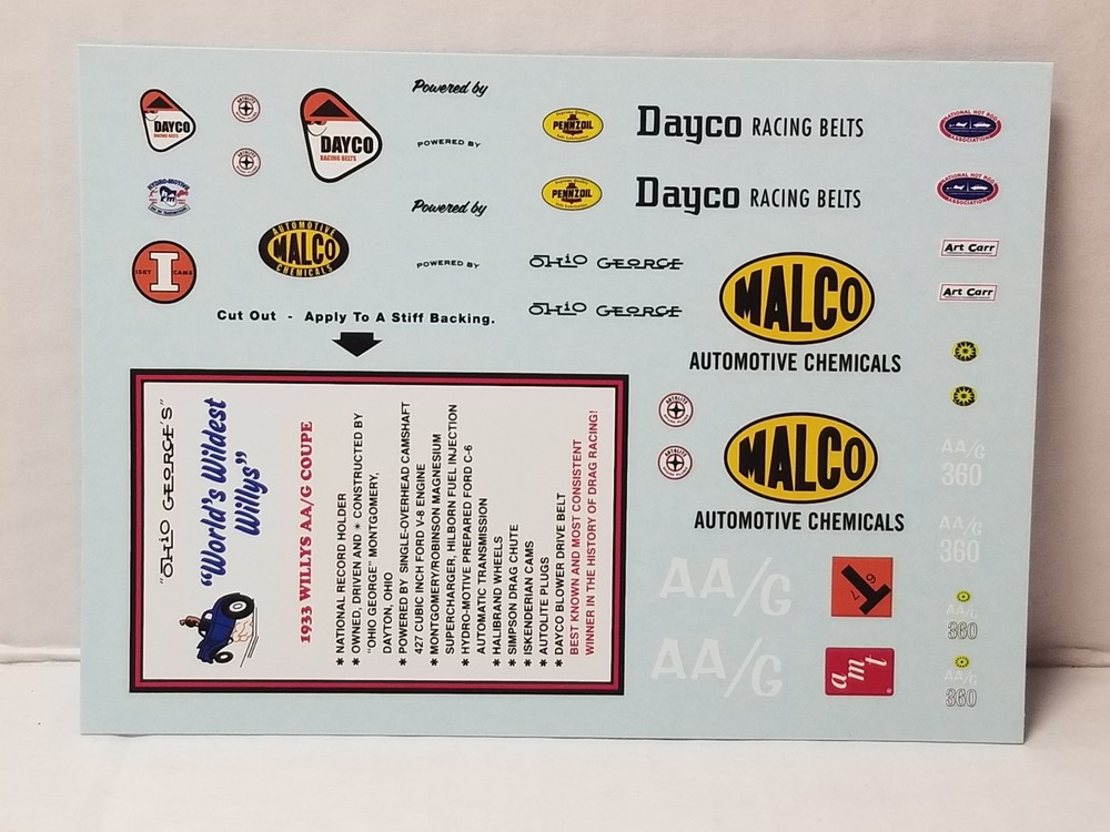 1933 Willys Coupe DECAL SHEET from AMT 1:25 Model Kit 33 MALCO GASSER DECALS