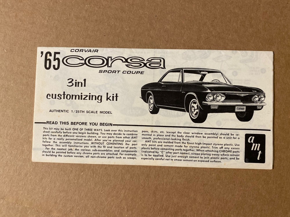 Vintage Annual AMT 1965 Chevrolet Corvair Corsa Ht Model Kit Instructions Sheet