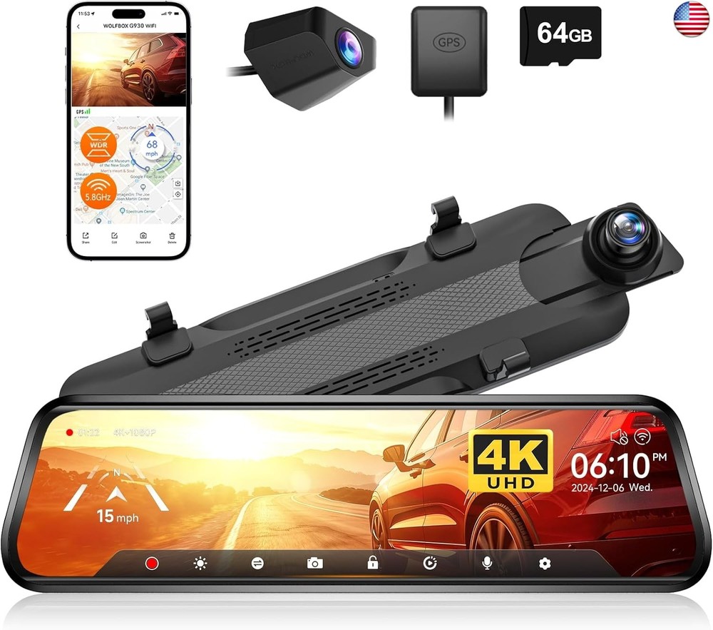WOLFBOX G930 10” Rear View Mirror Camera with 5.8GHz WiFi, 4K Dash Cam Front