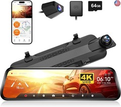 WOLFBOX G930 10” Rear View Mirror Camera with 5.8GHz WiFi, 4K Dash Cam Front