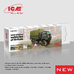 Acrylic Paints set WWII Military vehicles Britain Grey Brown Green White ICM3052