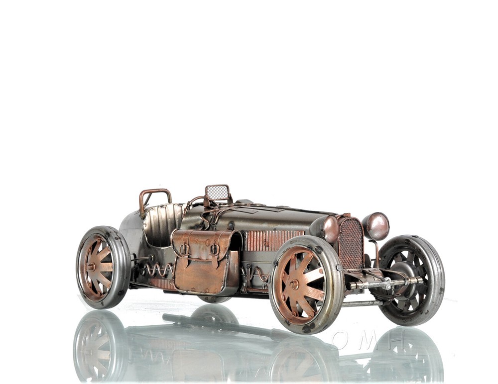 1926 Bugatti Type 35 Metal Racing Car Model 14″ Silver & Bronze Automotive Decor