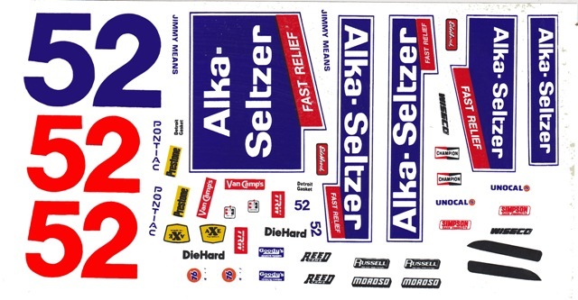 #52 Jimmy Means Alka Seltzer 1/64th – HO Scale Nascar Waterslide Decals