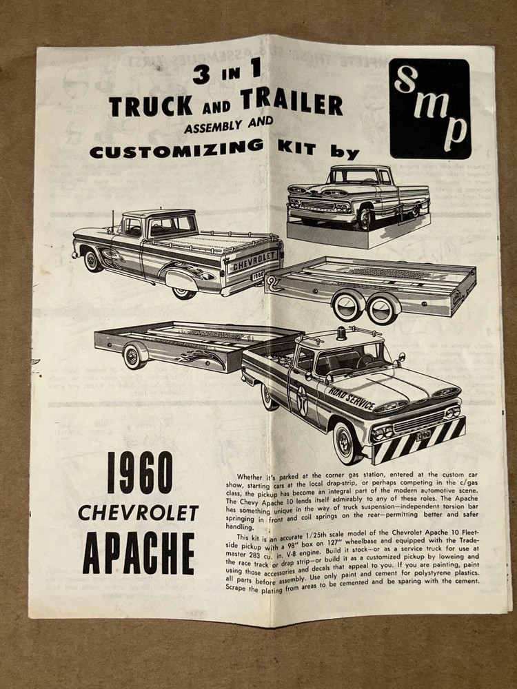 AMT 1960 Chevrolet Apache 3-in-1 Truck & Trailer Model Kit Instructions Sheet