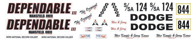 DEPENDABLE DODGE 1964-65 1/24 – 1/25th SCALE WATERSLIDE DRAG DECALS