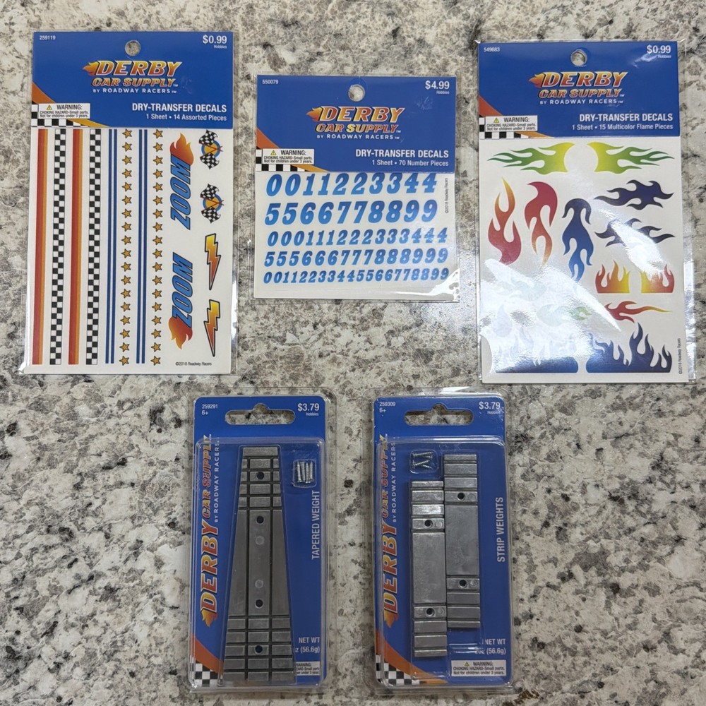 Pinewood Derby Car Kit Lot – New in Package Items – Decals & Weights *Free Ship*