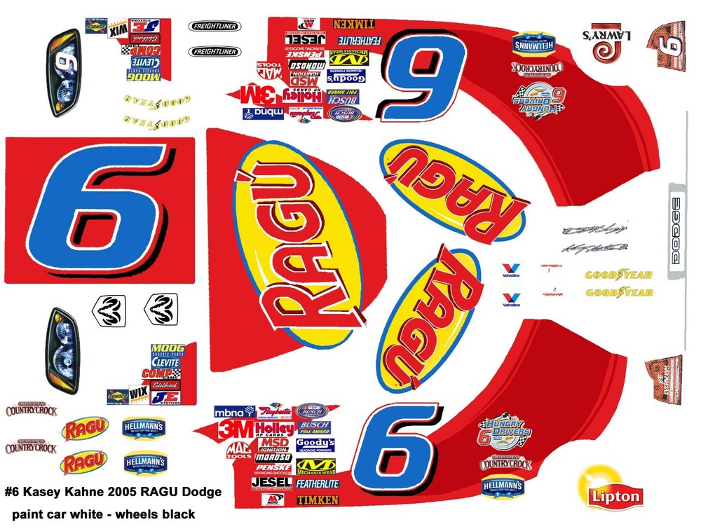 #6 Kasey Kahne Ragu Dodge 2005 1/25th – 1/24th Scale Nascar Waterslide Decals