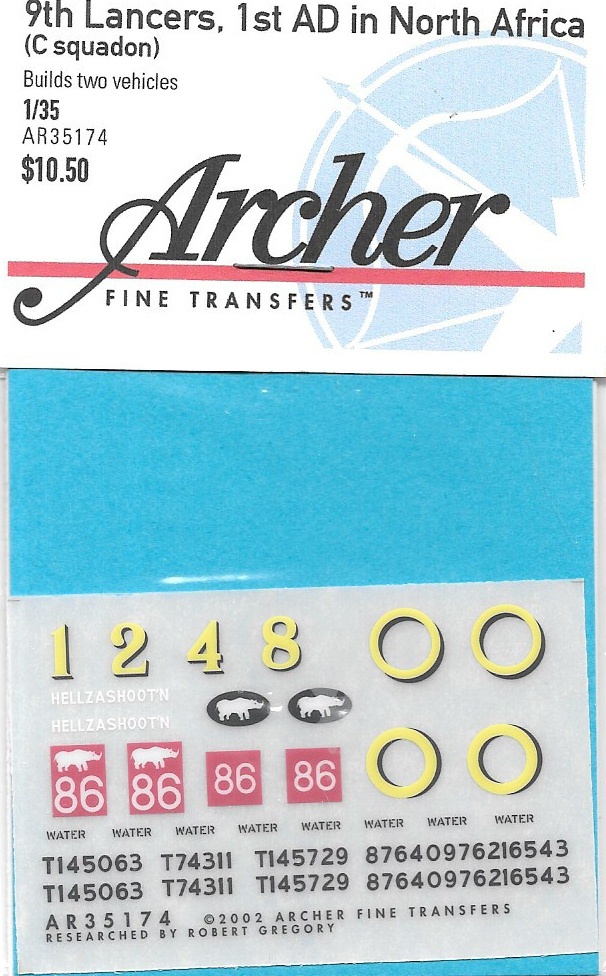 Archer British 9th Lancers North Africa Sherman Transfers Decals AR35174